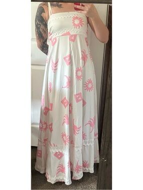 Amazon White Maxi Dress with Pink Sun & Geometric Print